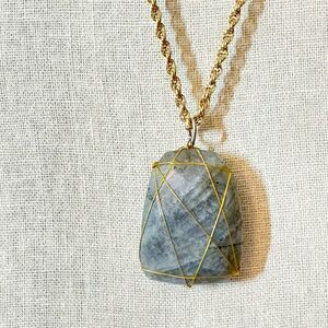 Vintage Wire Wrapped Large Labradorite Stone Chunky Necklace Gold Filled Boho